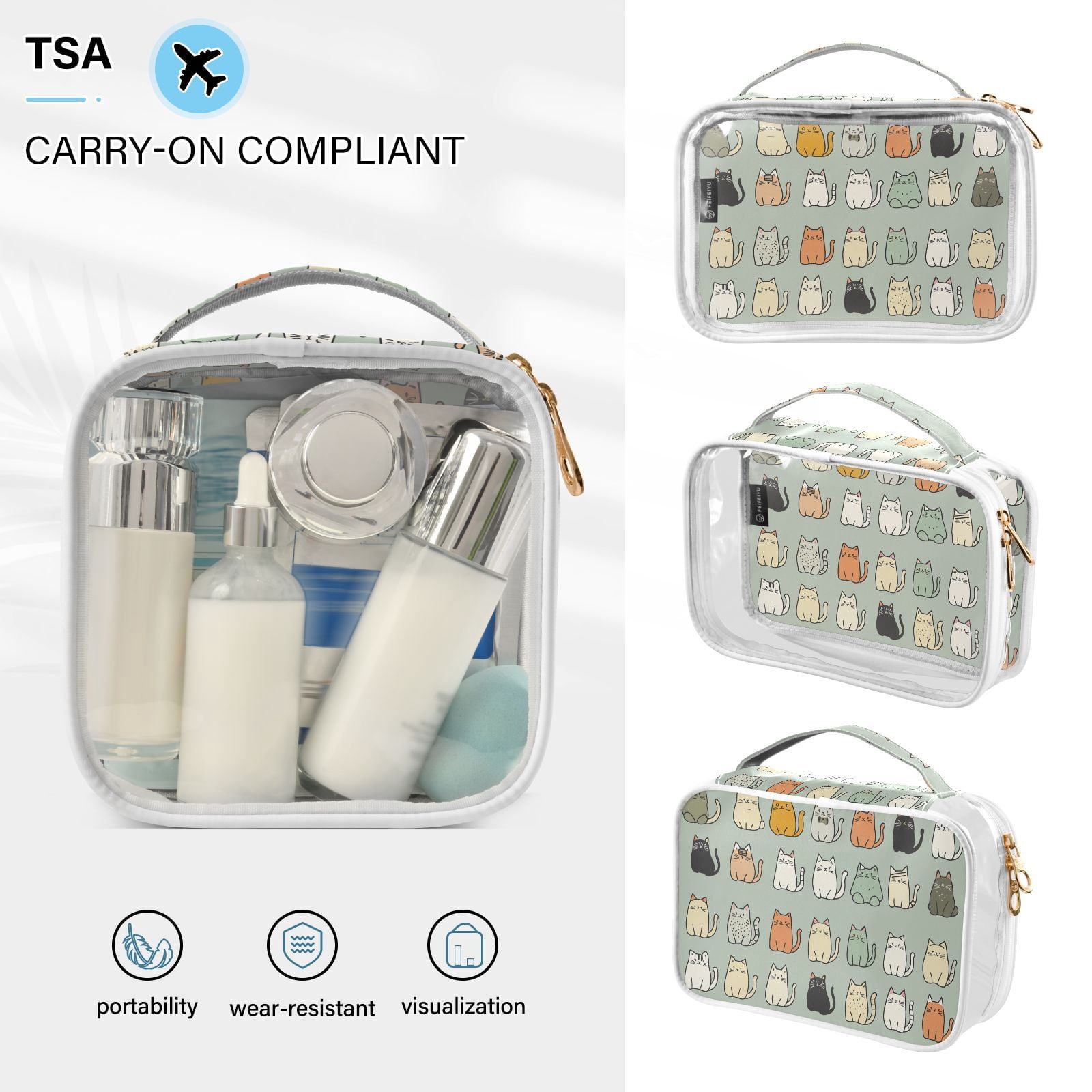 Clear Makeup Bags with Handle Large Opening 2 Pack Set Toiletry Bag Quart Size Bag, for Women Man Traveling Travel Essentials, Toiletries and Other. Cute Cat Sketch