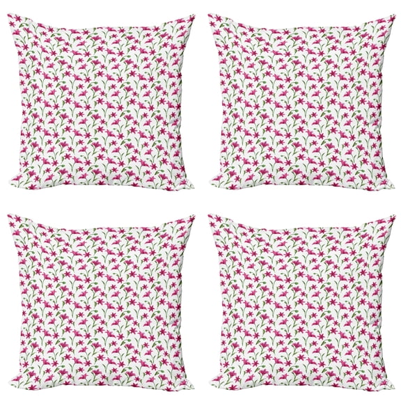 Ambesonne Floral Throw Pillow Cover 4 Pack, Lily Blossoms Garden Art, 24", Magenta Green and White