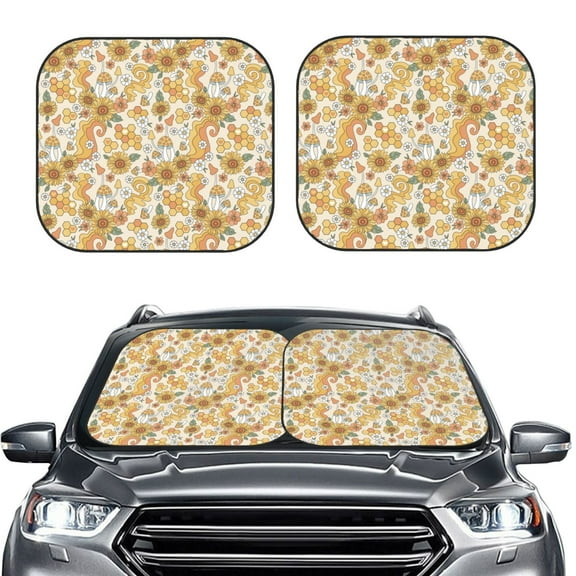 Kdxio Retro 70s 60s Flower Print 2-Piece Sun Shade Front Windshield - Foldable Car Front Window Sunshades for Most Sedans SUV Truck