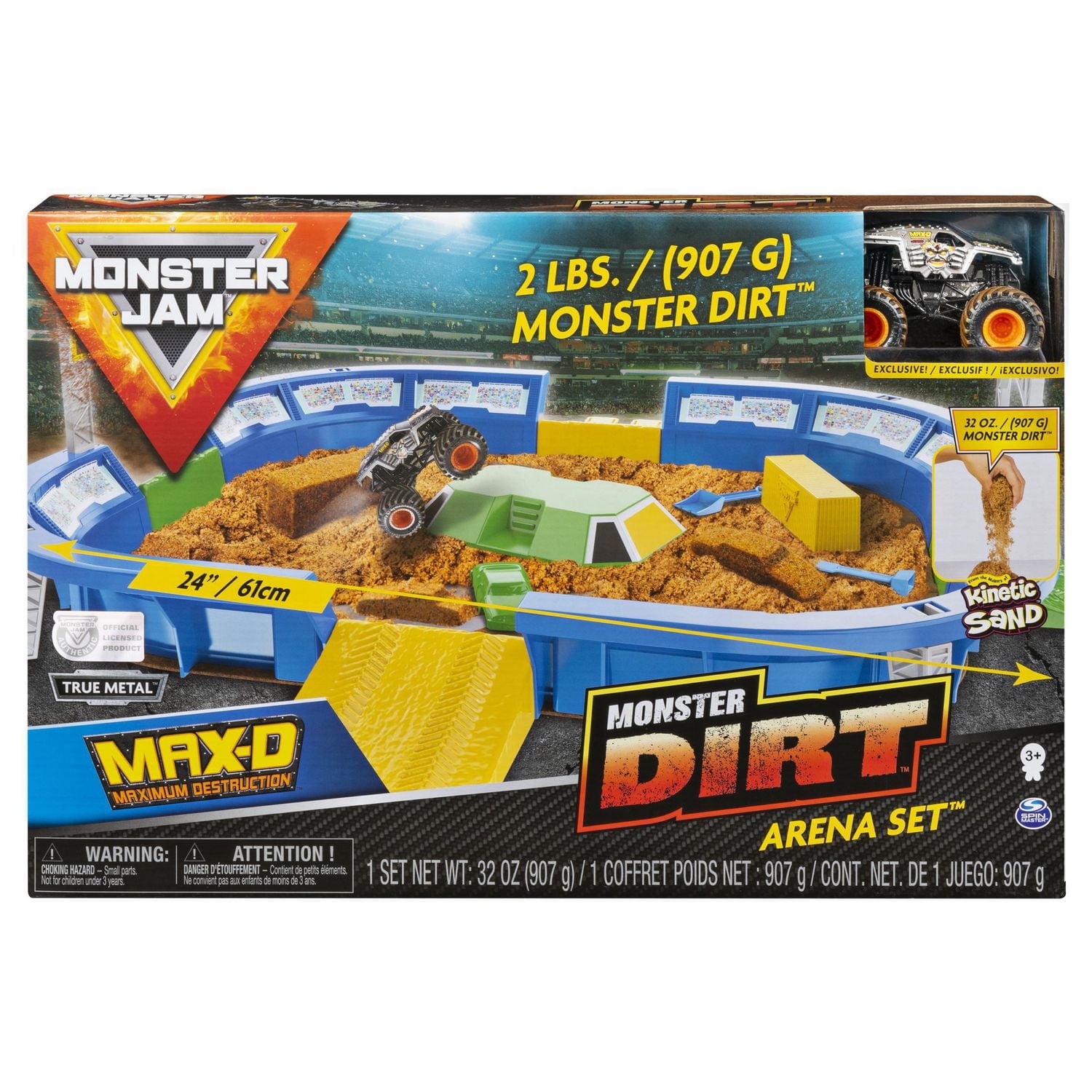 Monster Jam, Coffret Monster Dirt Arena de 60 cm avec 907 g de Monster Dirt et monster truck Monster Jam exclusif en métal moulé à l'échelle 1:64