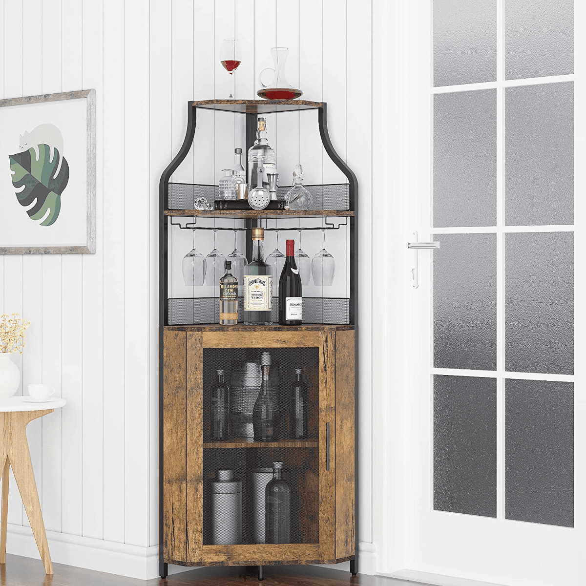 Corner Wine with Glass Shelves Bar Sideboard, and