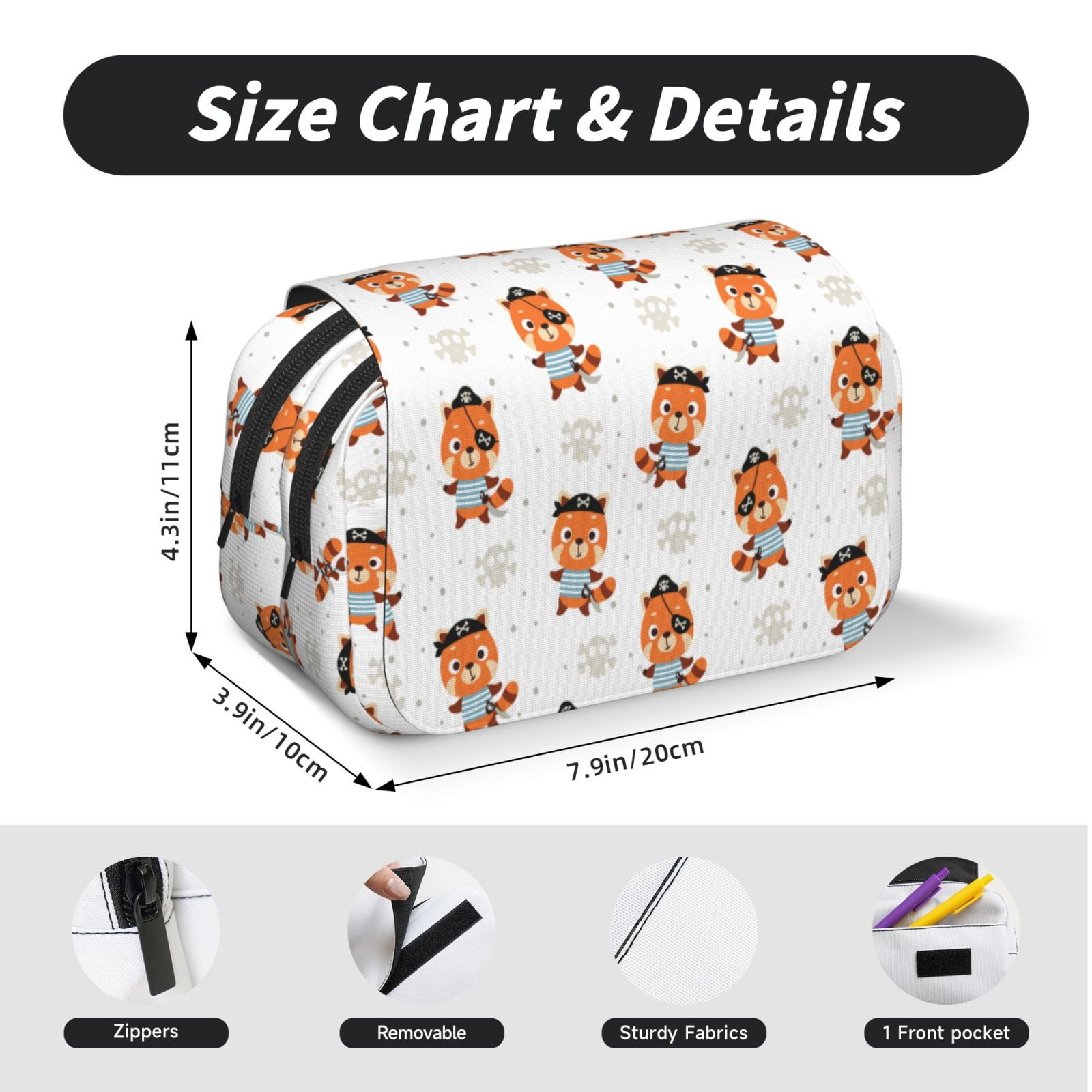 Rateoe Cute Little Pirate Red Panda Pattern Double Clamshell Pen Case, Storage Organizer with Two Zipper Compartments– Holds Up to 50 Pencils & Pens
