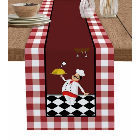 Table Runner Dresser Scarves 90 Inch Long, Kitchen Chef with Delicacy Linen Dining Table Runners Classic Red White Black Lattice Grid Tabletop Scarf for Wedding Holiday Party Kitchen
