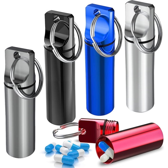 Keychain Pill Holder (Pack of 5),Aluminum Alloy Waterproof Portable Small Travel Medicine Bottle Case Container for Purse,Mini Metal Capsule/Tablet Keeper Pocket Organizer for Men & Women