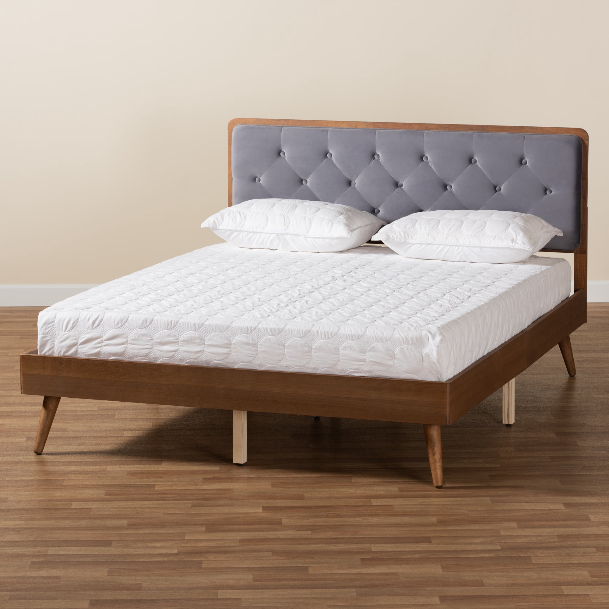 Baxton Studio Larue Modern and Contemporary Grey Velvet Fabric Upholstered and Walnut Brown Finished Wood King Size Platform Bed