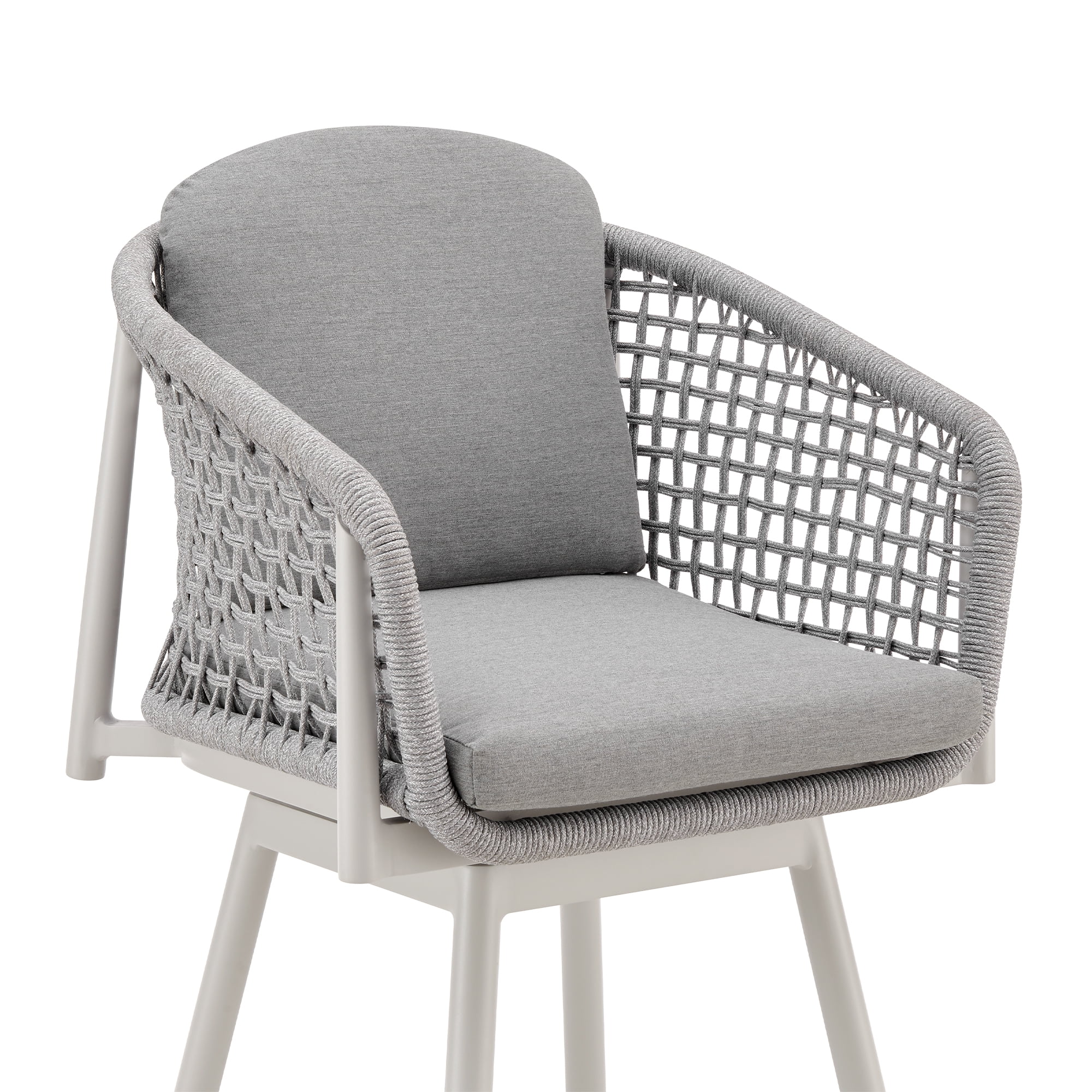 Rhodes Outdoor Patio Swivel Counter Stool in Aluminum with Light Gray Rope and Cushions - Set of 3