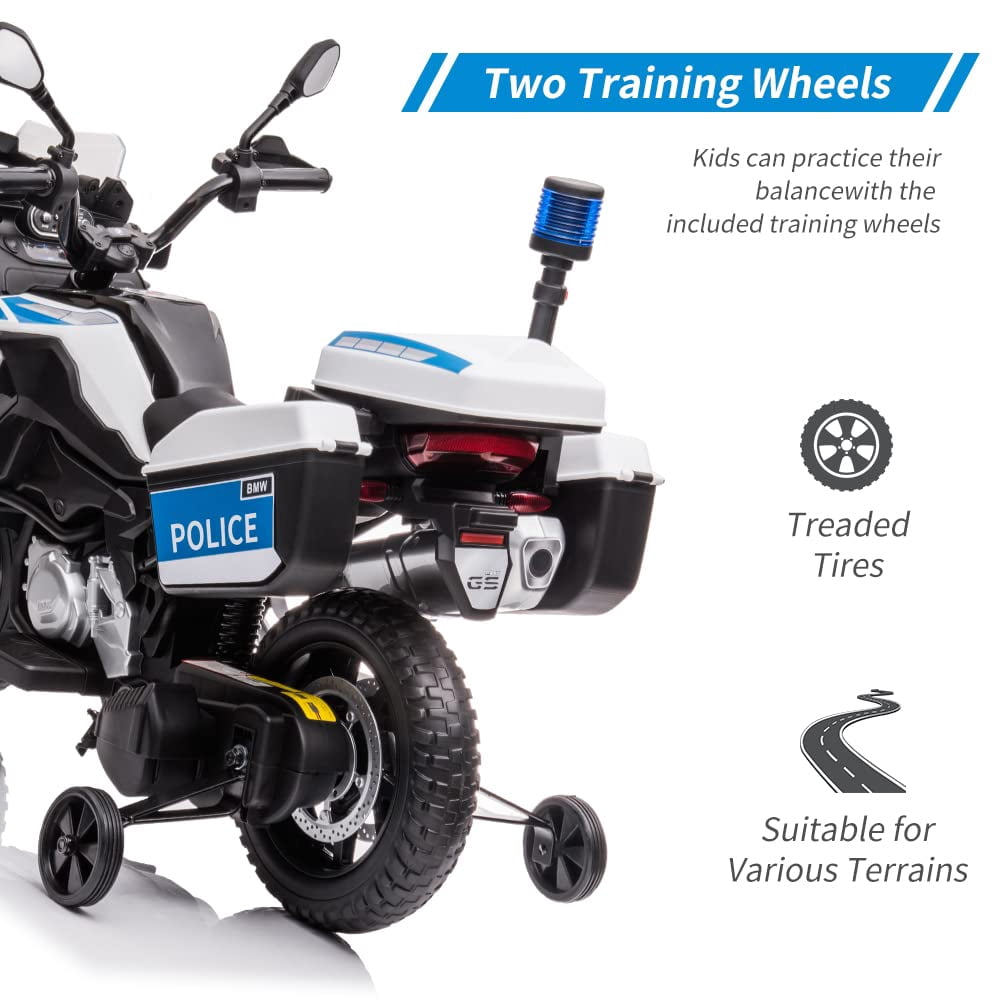 M optimized 12V Ride On Police Motorcycle for Kids 3-8, Electric Ride on Car with Training Wheels, EVA Tire, Warning Lights