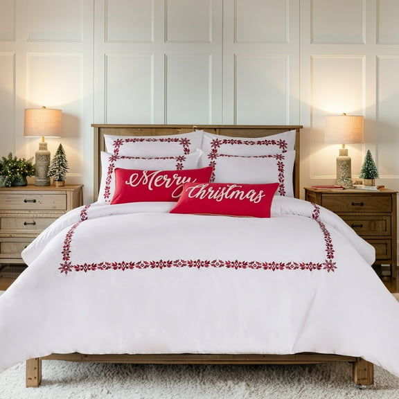 Levtex Home - Holly & Thistle Duvet Cover Set - Twin Duvet Cover (68 x 88in.)   One Standard Pillow Sham (26 x 20in.) - Embroidered Border Christmas - Red and White - Cotton