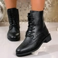 thumbnail image 2 of Women's Retro Mid Calf Combat Boots Black White Color Block Leather Lace up Low Heel Winter Fall Ankle Booties Black Size 6, 2 of 7