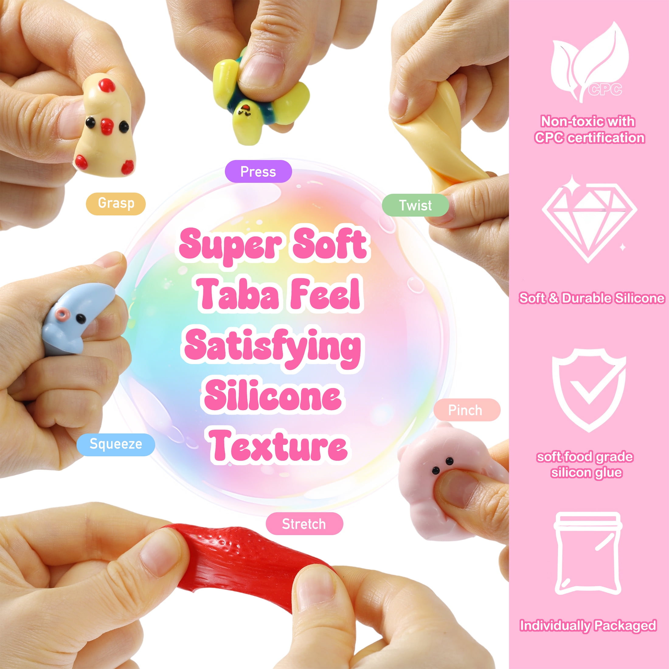 FUFUSQUISHY 30PCS Squishy Toys for Kids, Soft Taba Sensory Squeeze Toy Set, 24 Individually Wrapped Packs, Classroom Prizes and Party Favors