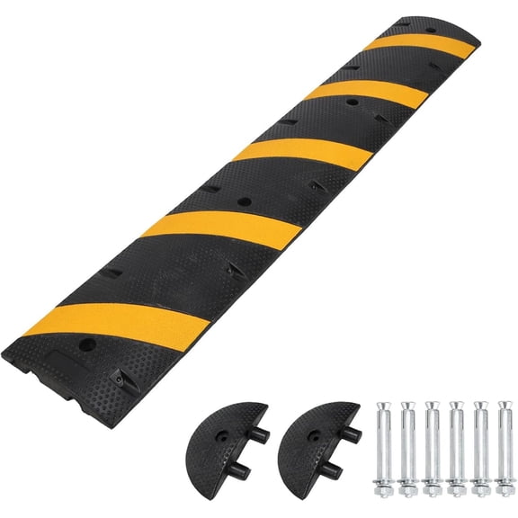 Telyswee Rubber Speed Bump 1 Pack 2 Channel Speed Bump Hump 84"x11.8"x2" Modular Speed Bump 25000lbs Load Capacity, Garage Speed Bump with 2 End Caps for Asphalt Concrete Gravel Driveway