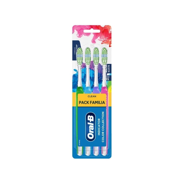 pack de 9 cepillo tira indicador oral b de 4pzas Paquete frontal con cuatro cepillos dentales Oral-B; mangos largos en colores variados y cabezas con cerdas verde-azul, cerdas azules Indicator que se decoloran hasta la mitad para señalar cuándo cambiar el cepillo. Suele usarse como recambio familiar para higiene bucal diaria.