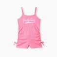 thumbnail image 1 of PatPat Summer Girls Clothes Toddler Girl Letter Print Drawstring Ruched Side Ribbed Cami Romper, Rose Pink, 5-6 Years, 1 of 6