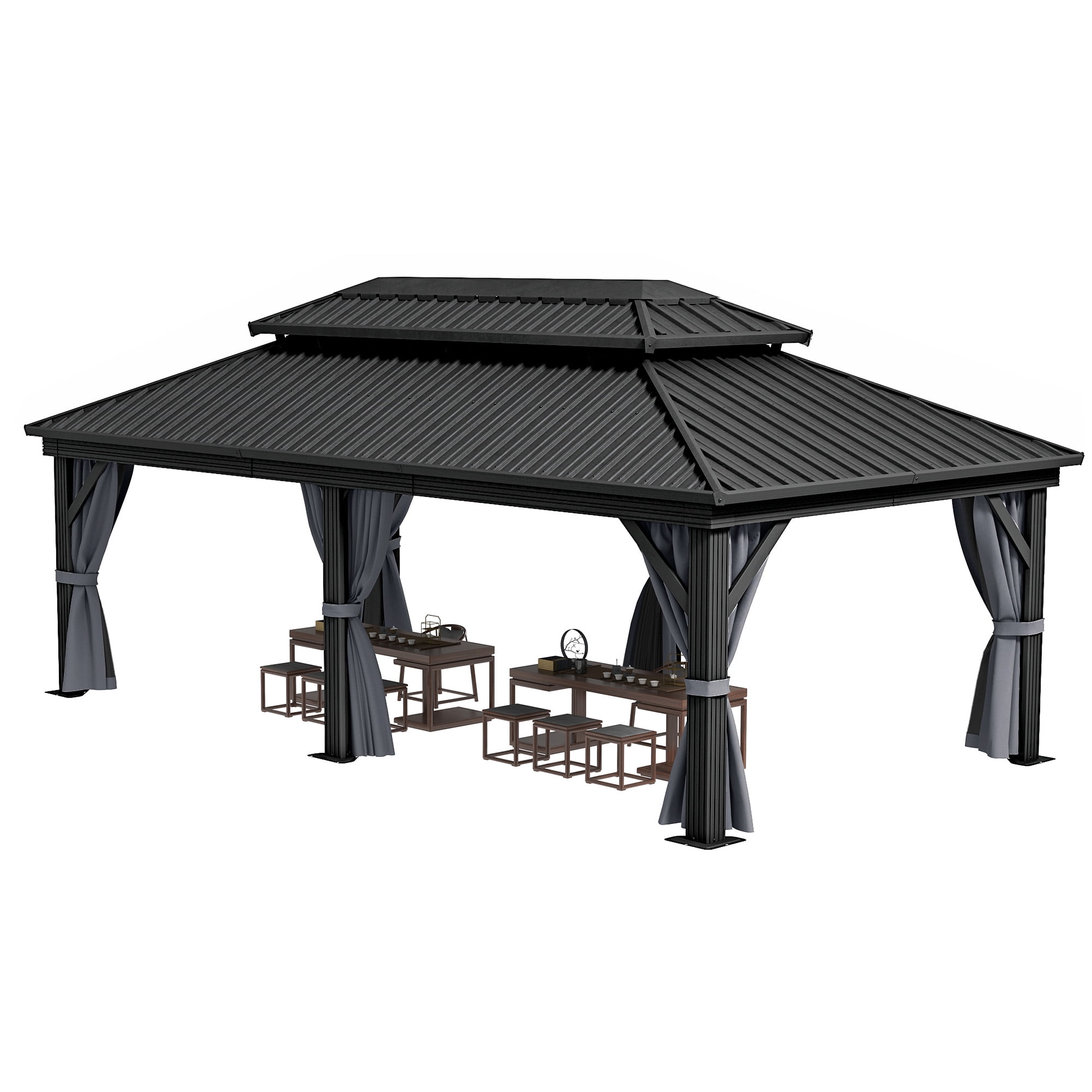 Dextrus 12x18ft Large Double Roof Hardtop Gazebo with Nettings & Gray Curtains,Heavy Duty Double Roof Galvanized  Iron Aluminum Canopy,Sunshade for Garden, Patio, Lawns, Black&Gray