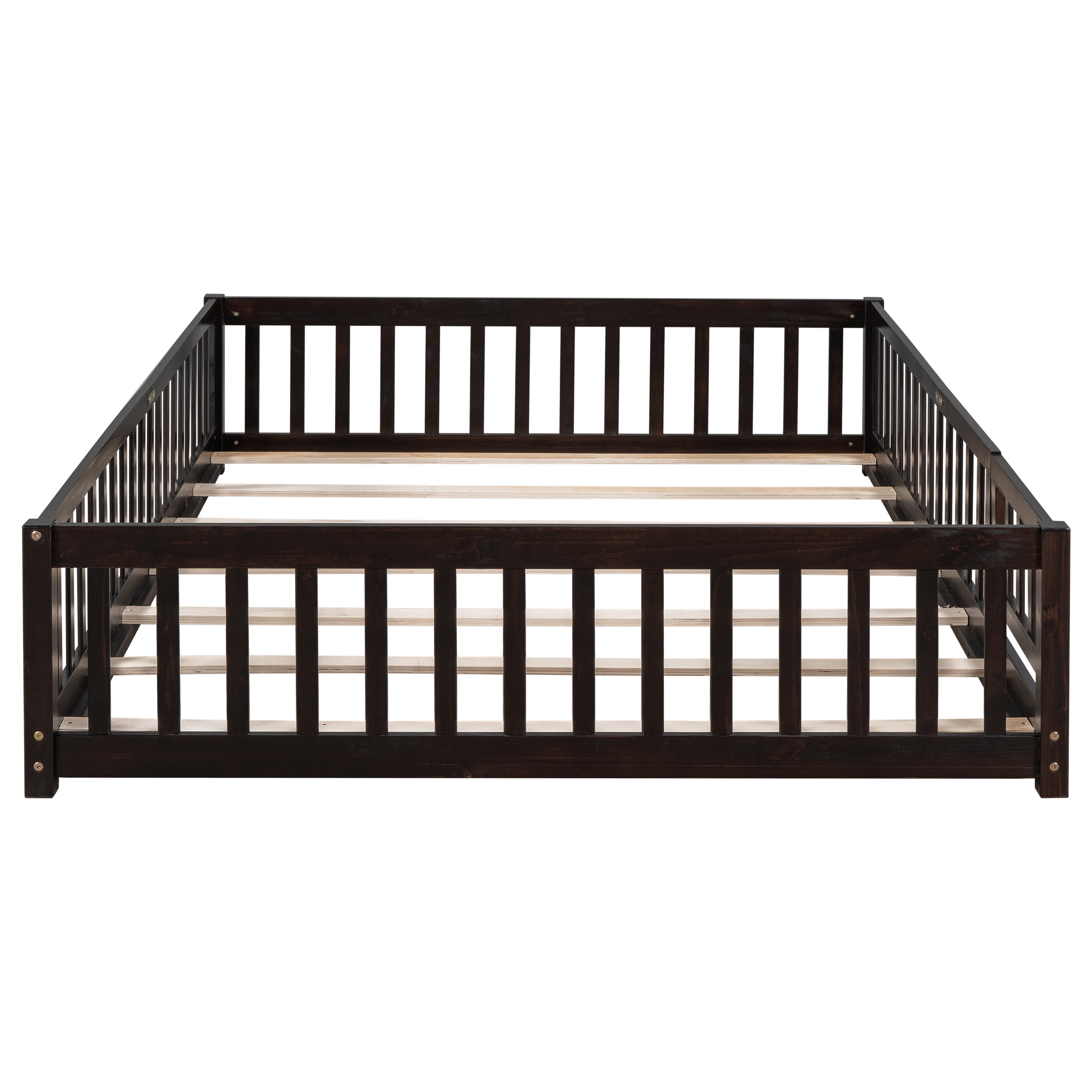 Miniyam Wood Queen Size Floor Bed with Safety Guardrails for Toddler, Espresso