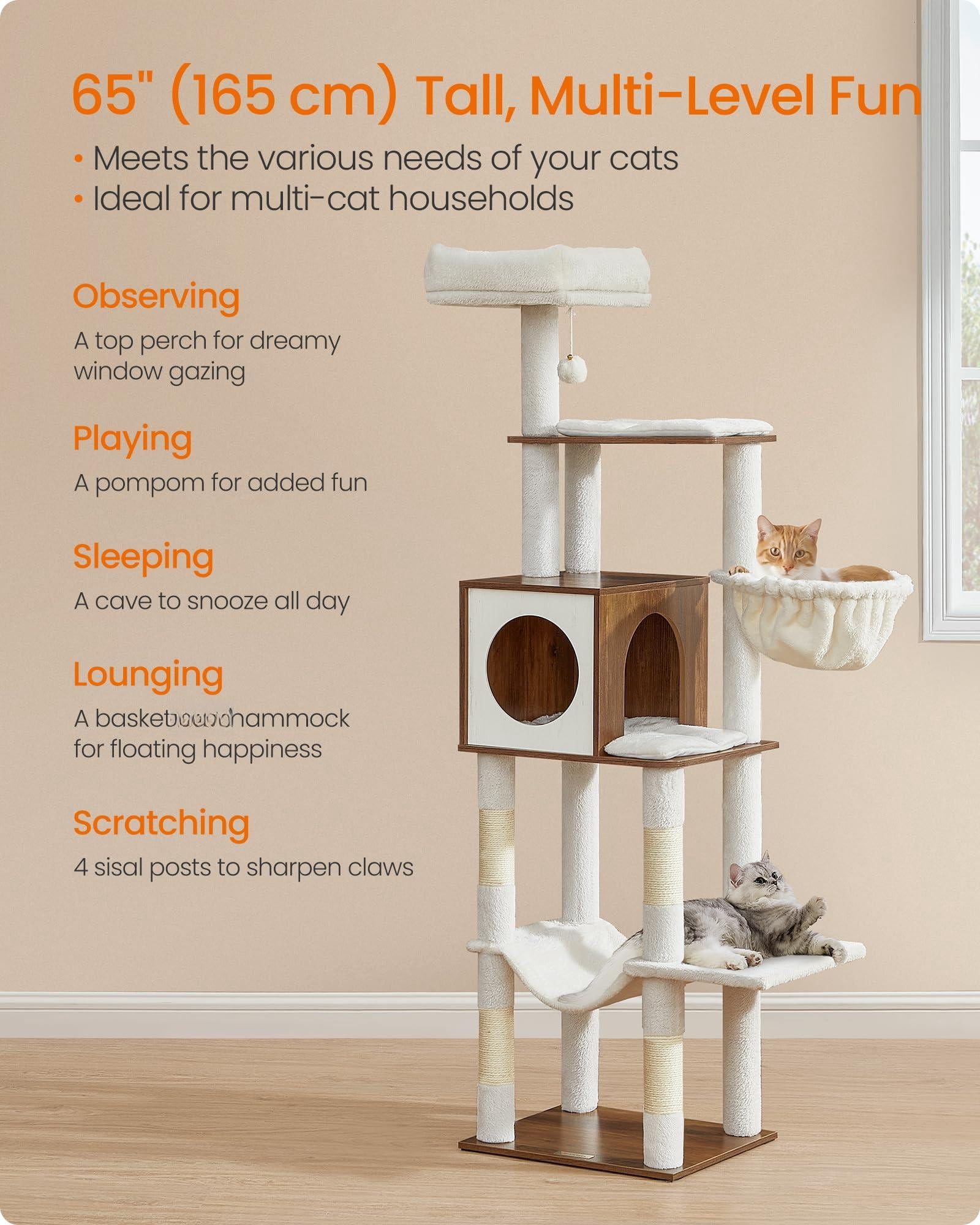 Cat Tree  65-inch Tall Tower Multi-level Condo With Cave Basket Hammock Pompom Posts Honey Brown Upct118k03