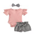thumbnail image 1 of 3Pcs Baby Summer Solid Color Romper + Plaid Shorts + Hairban MHXX, 1 of 6