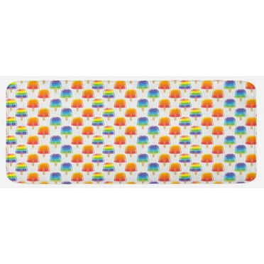 Ice Cream Kitchen Mat, Orange and Rainbow Colored Sugary Treats Popsicles Tooth Theme Pattern, Plush Decorative Kitchen Mat with Non Slip Backing, 47" X 19", Multicolor, by Ambesonne