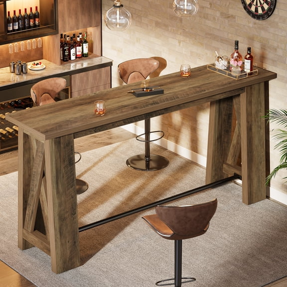 63" Counter Height Bar Table with Metal Footrest, Rectangular Pub Table with Sturdy X-Frame Legs, Industrial High Top Table for Kitchen, Dining Room, Living Room or Bistro