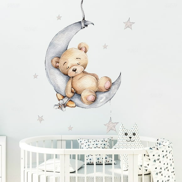 Cartoon Bear Sleeping on the Moon and Stars Wall Stickers for Kids Room Baby Room Decoration Wall Decals Room Interior