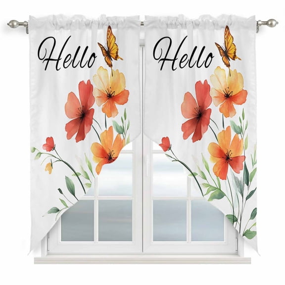 Swag Valance Curtains for Windows, Orange Red Floral Light Filtering Kitchen Curtains with Rod Pocket, Rustic Pastoral Botanical Butterfly Window Treatment Valances for Living Room, 28x36 - 2 PCS