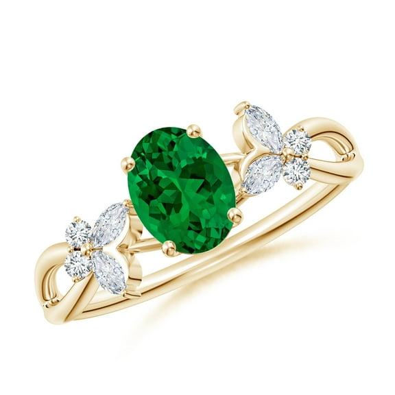 ANGARA Lab Grown Oval Emerald Butterfly Engagement Ring for Women in 14K Yellow Gold (Size-7x5mm) | May Birthstone, Birthday, Anniversary, Jewelry Gift for Women | Lab-Grown Emerald Ring