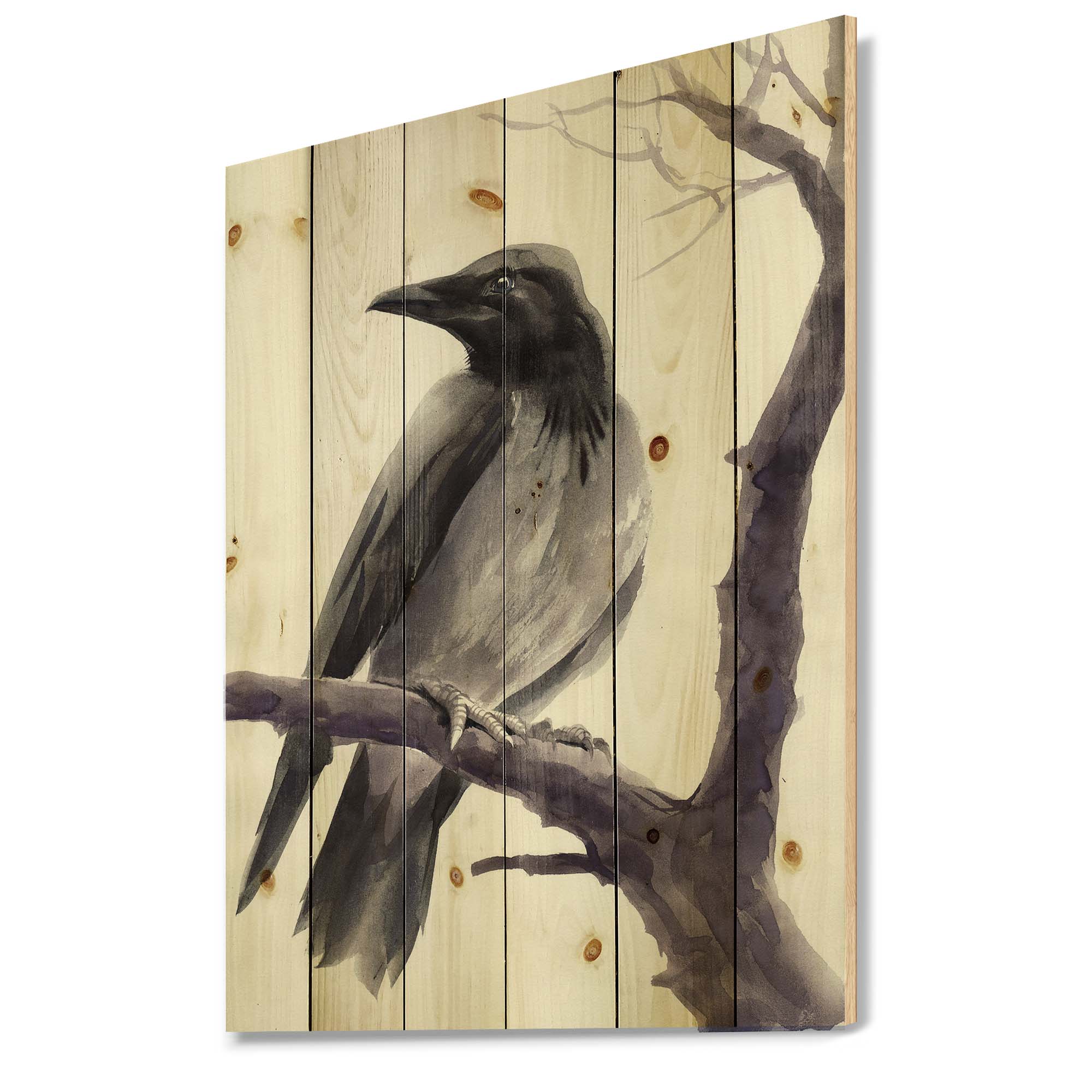 Designart 'Big Crow Sitting On A Branch' Traditional Print on Natural Pine Wood