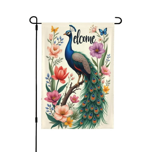 Welcome Spring Summer Peacock Garden Flag， Double Sided Floral Peacock Bird Garden Flag 12x18 Inch， Outdoor Yard House Flag，Beautiful Bird Garden Decor
