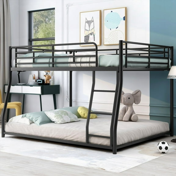 Black Metal Floor Bunk Bed: Full XL over Queen, Space-Saving