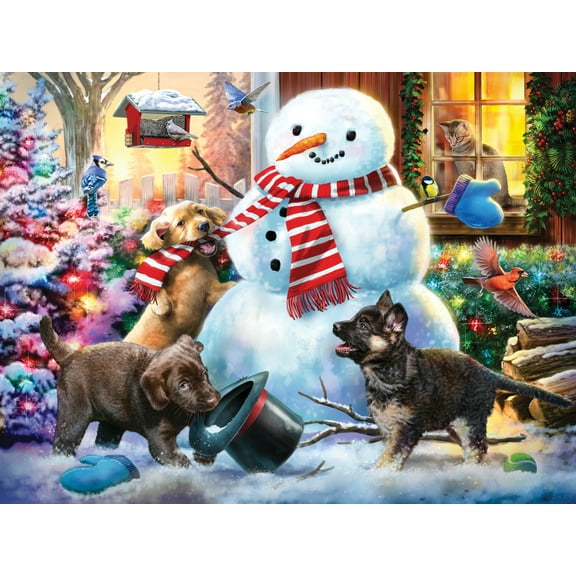 Snowman & Puppies Jigsaw Puzzle 550 Piece by Vermont Christmas Company