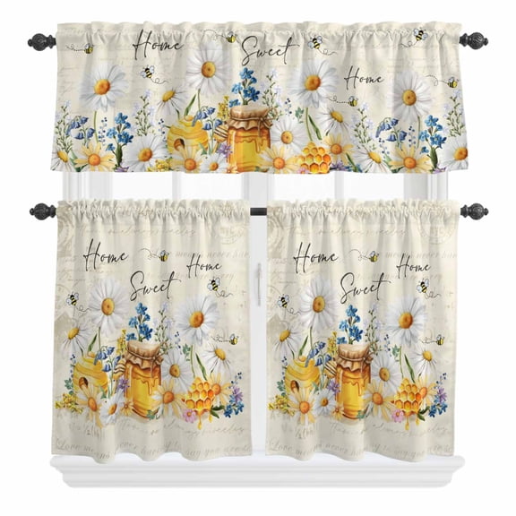 3 Piece Kitchen Curtains and Valances Set White Daisy Cafe Curtains 36 Inch Length Spring Floral Elegant Pastoral Bees Watercolor Valance & Tier Curtain for Living Room Bedroom 54"x18" 27"x36"*2