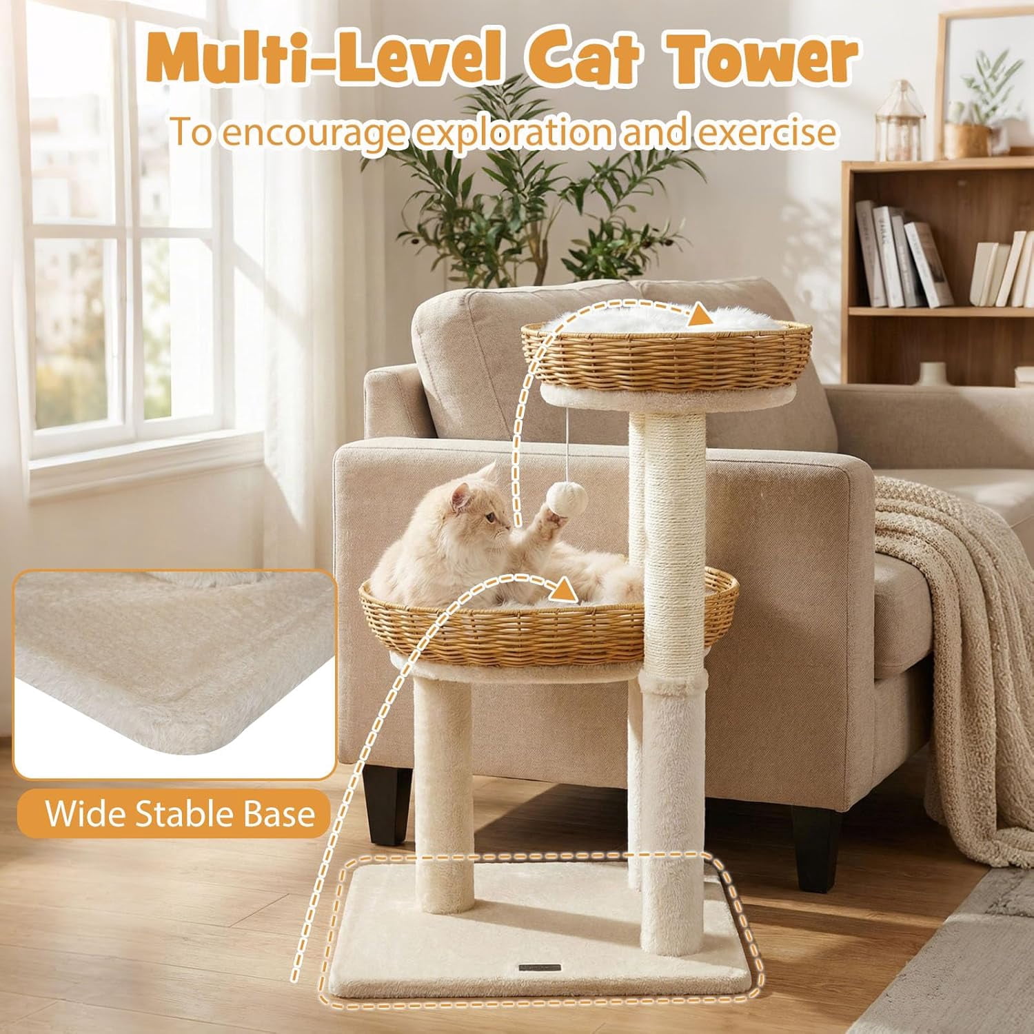 Hejuchuangli 30-inch Small   Cat Tree, Multi-Level Cute Cat Tower with Sisal Scratching Posts, 2 Comfy Large Perches with Soft Removable Pads, and Hanging Ball, Ideal for Indoor Cats and Kittens