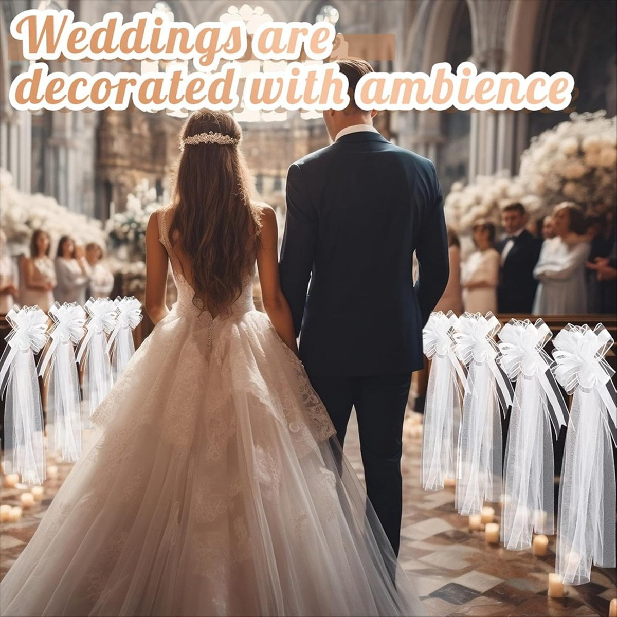 Large White Wedding Pew Bows with Long Tulle Chair Aisle Decorations Car Decoration