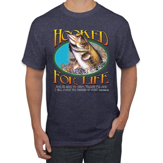 Wild Bobby, Hooked For Life Matthew 4:19 Quotes, Inspirational/Christian, Men's Graphic Tees, Vintage Heather Navy, 4XL