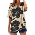 thumbnail image 2 of Pounoo Short Sleeve Tees for Women Leaf Print V Neck Half Placket TShirt Floral Relaxed Fit Blouses Vacation Casual Outfits Gift, 2 of 5