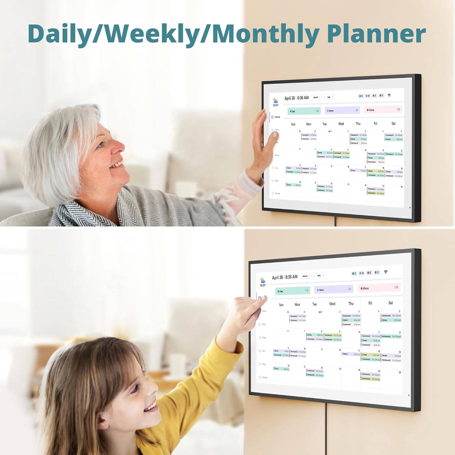 EKASN Digital Calendar, 15.6" Chore Chart Wall Planner, 1080P FHD Interactive Touchscreen,Display for Family Schedules and All Apps Full Free-Black