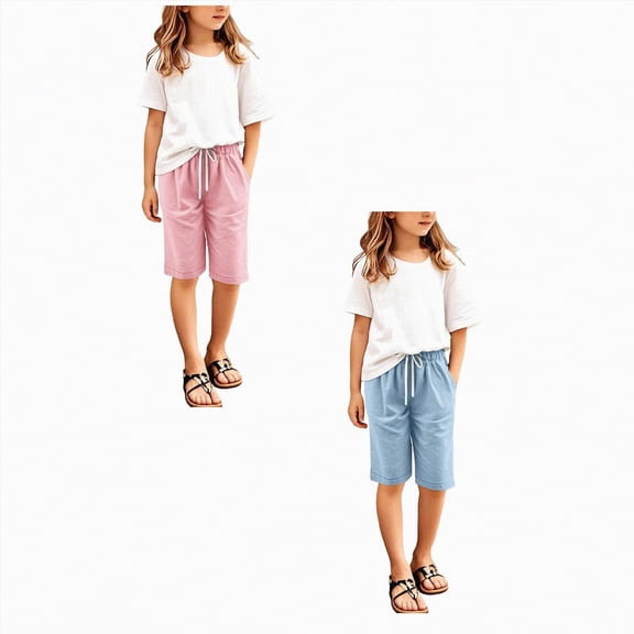 2 Packs Bermuda Shorts for Girls 10-12 Girls Bermuda Shorts Knee Length Cute Preppy Clothes Drawstring Long Shorts Adjustable Waist Straight Leg Jorts