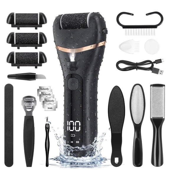 GPED 18 in 1 Electric Foot Callus Remover, Waterproof Callus Remover for Feet W/ 3 Speed, Rechargeable Foot Scrubber Kit W/ 3 Roller Heads,Professional Pedicure Tools & Foot File for Dry & Crack Skin