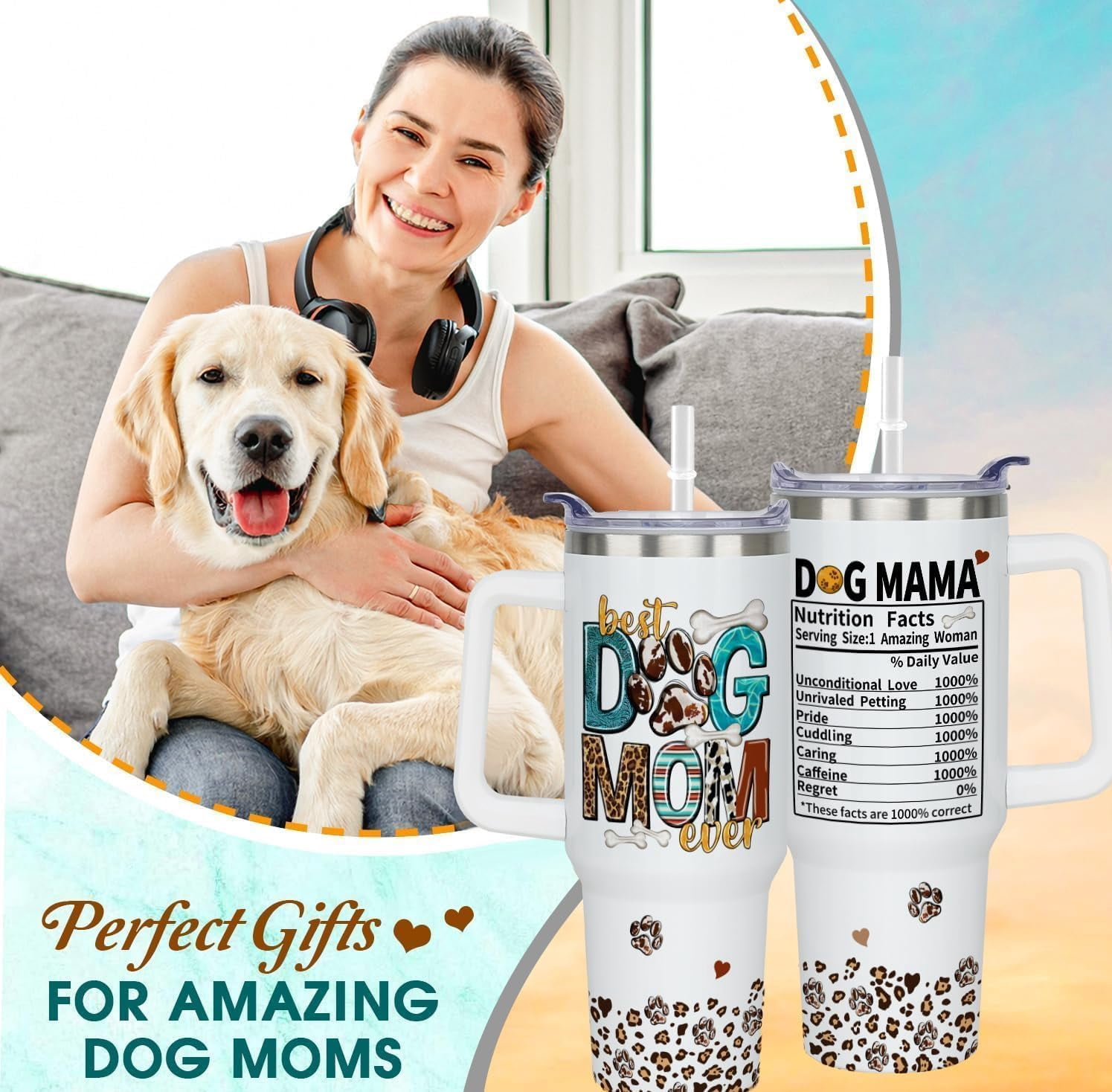 Best Dog Mom Mothers Day Birthday Christmas Gifts for Women, 40 oz Dog Mom Cup Tumbler with Handle Lid and Straw, Dog Lover Gifts for Dog Moms