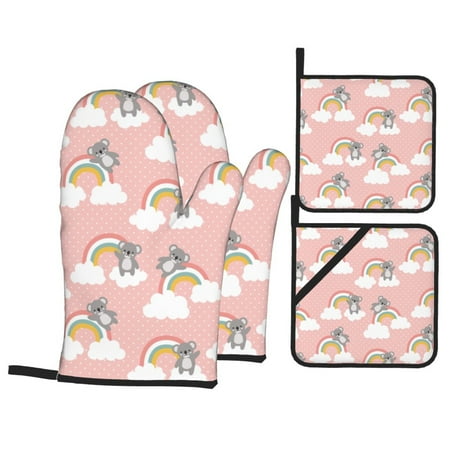 

Oven Mitts and Pot Holders Sets 4 pcs Cute Rainbow Koala Non-Slip Oven Gloves Potholders Soft Quilted Lining Heat Resistant Gloves Hot Pads for Kitchen Cooking Baking