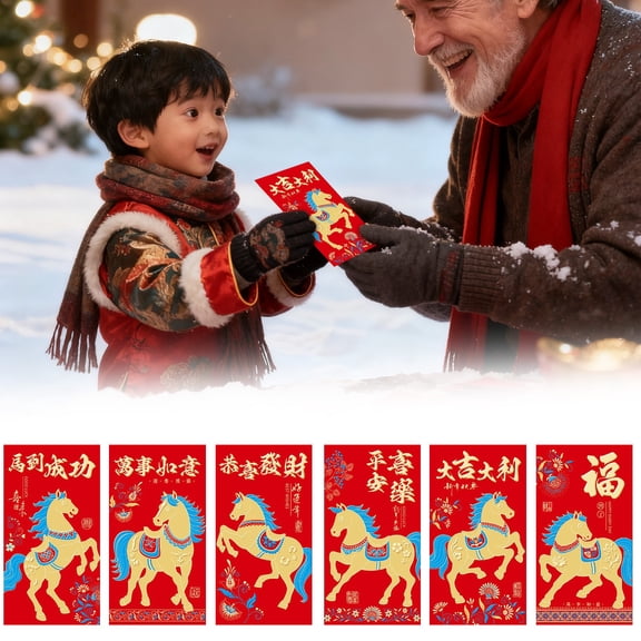 EZPXFCI Chinese New Year Red Envelopes 2026, 6 PCS Lunar New Year of the Horse Red Envelopes for Spring Festival 6 Styles Hong Bao Pocket Lucky Money Envelopes with Gold Raised Foil
