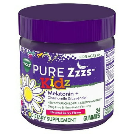 Vicks ZzzQuil Pure Zzzs Kidz Melatonin Sleep Aid Gummies for Kids, Dietary Supplement, Ages 4+, 24 Ct