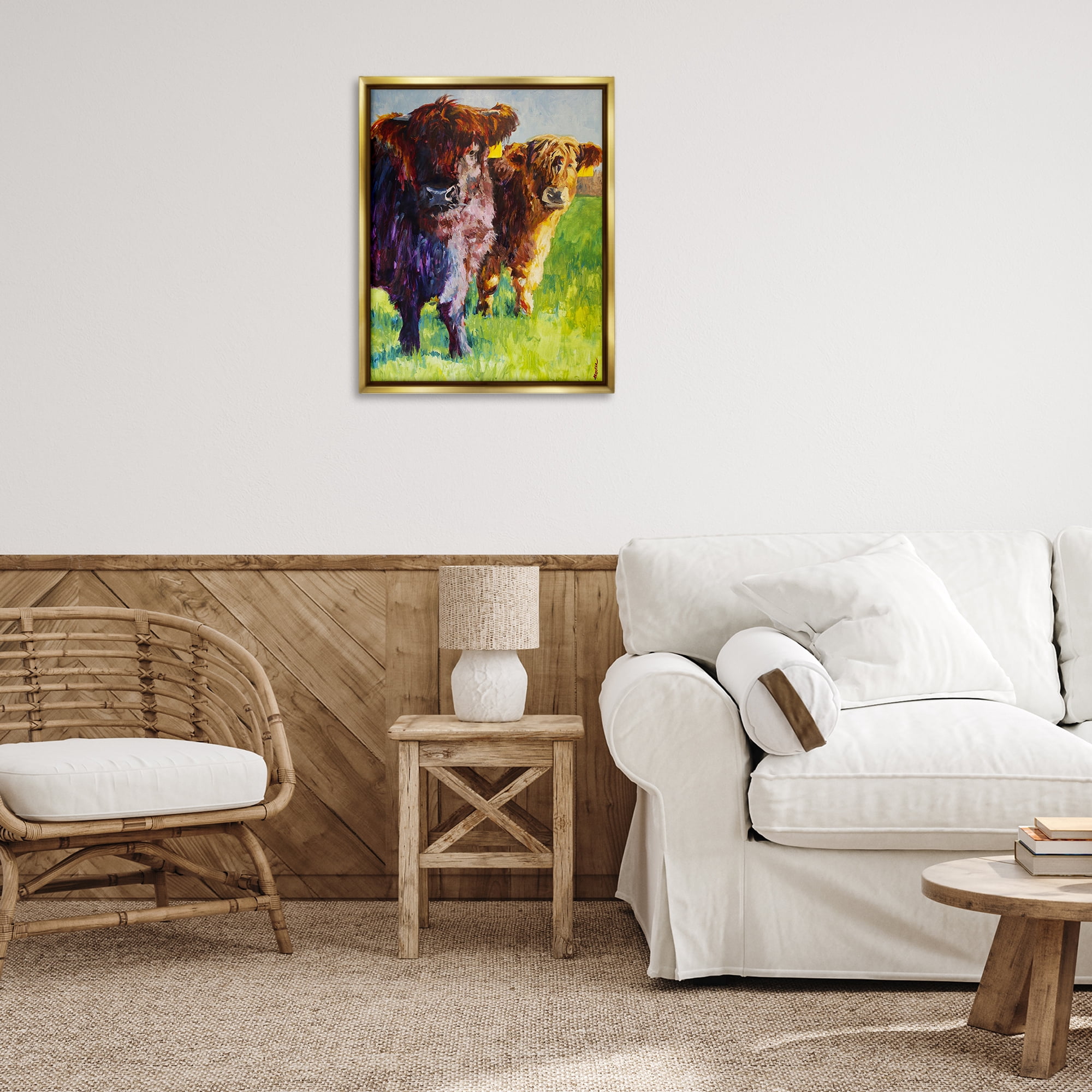 Stupell Industries Traditional Cattles Painting Animals Painting Gold Floater Framed Canvas Art Print Wall Art, 25 x 31