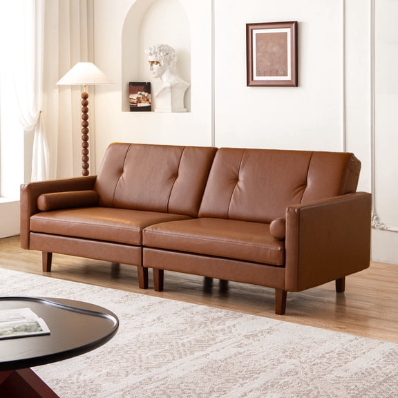 86" Brown Tufted Leather Sofa with Solid Wooden Legs, Mid-century Modern Upholstered 3-seater Sectional Couch Retro Luxurious Loveseat with Round Pillow for Living Room Bedroom Office