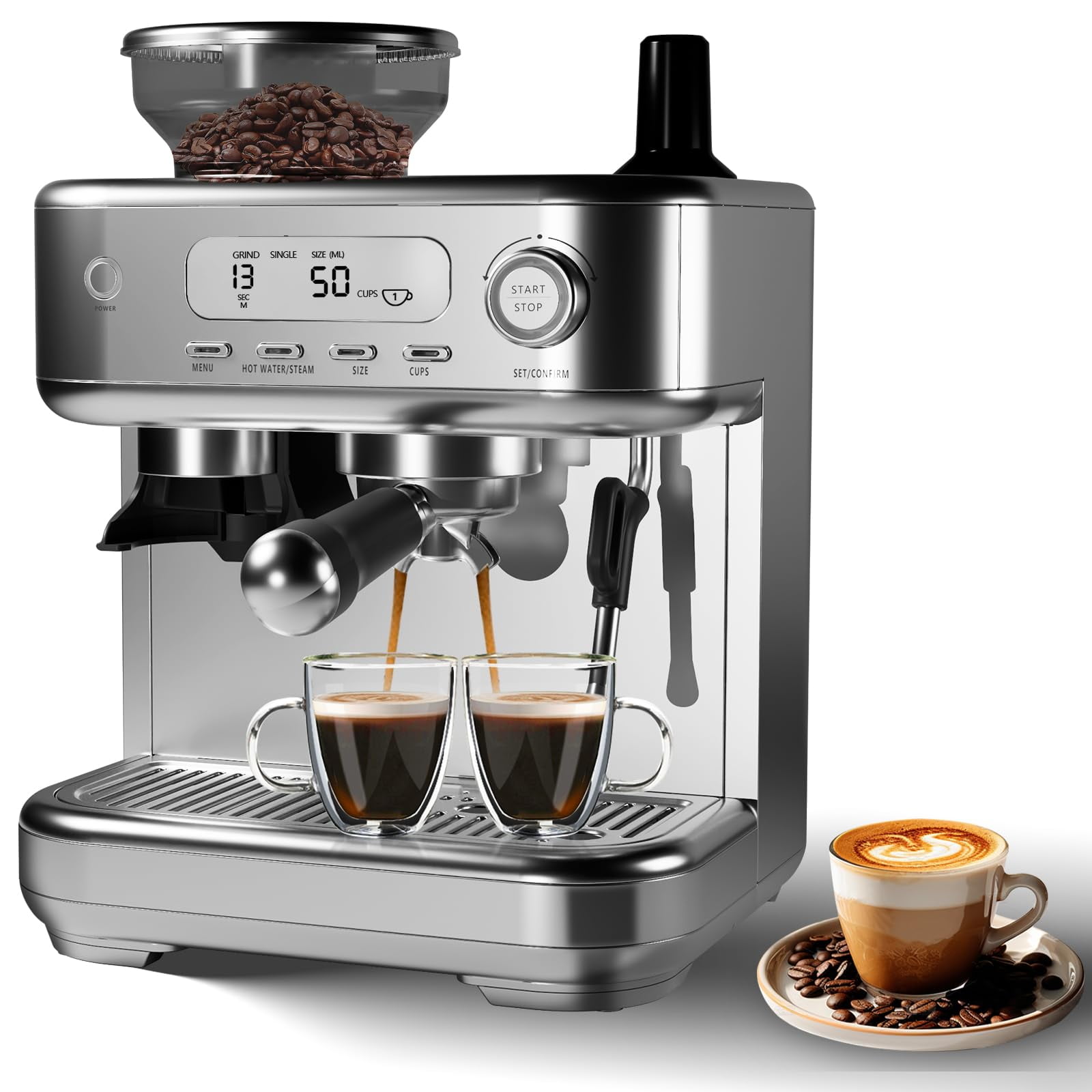 Home Semi-Automatic Espresso Machine, Stainless Steel Coffee Machine with Grinder and Steam Milk Frother, LCD Smart Screen Espresso Maker with 78 Oz Removable Water Tank