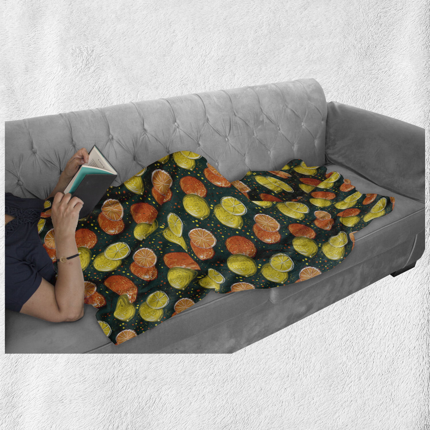 Ambesonne Fruit Soft Flannel Fleece Throw Blanket Cozy Plush for Indoor and Outdoor Use Dark Teal Multicolor Hand Drawn Like Oranges and Lemons Illustration on Polka Dotted Background 50 x 60