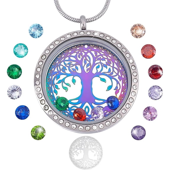PH Family Tree of Life Floating Locket Memory Locket Charm with Stainless Steel Snake Chain Necklace 12 Birthstones Dangle Charms for Wedding Bridal Grandmother Grandma Mother Day