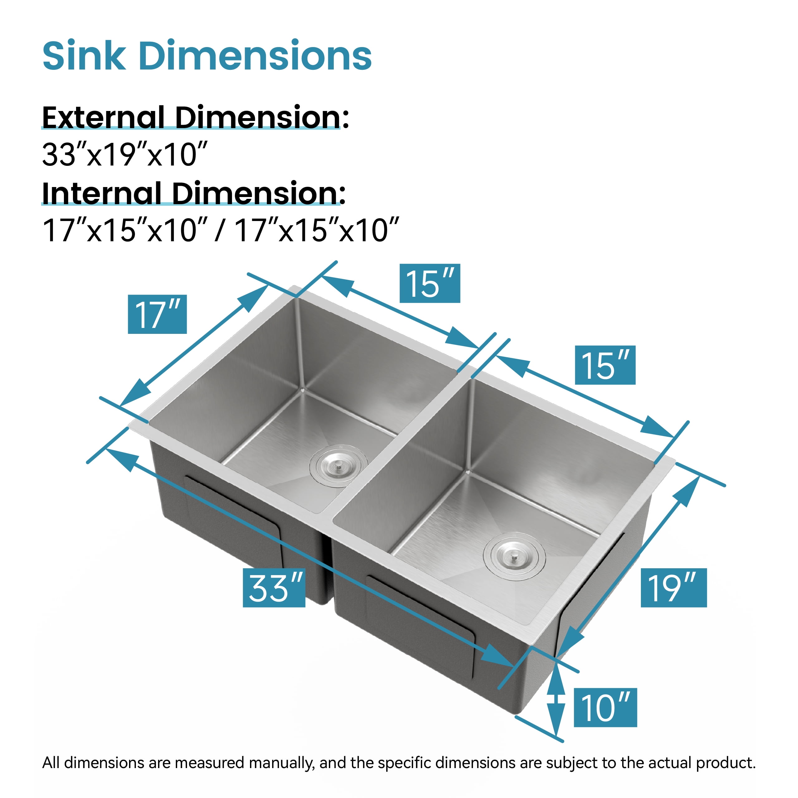 LiviNest Double Bowl Kitchen Sink: 33x19 Inch Undermount Sink - 304 Stainless Steel with Quick Drainage for Family Kitchen & Remodeling - Brushed Finish & Rounded Corners