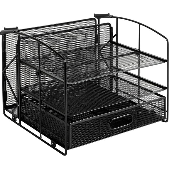 Rectangular Desk Organizer 3 Tray w/Sliding Drawer and Hanging File Holder, Black
