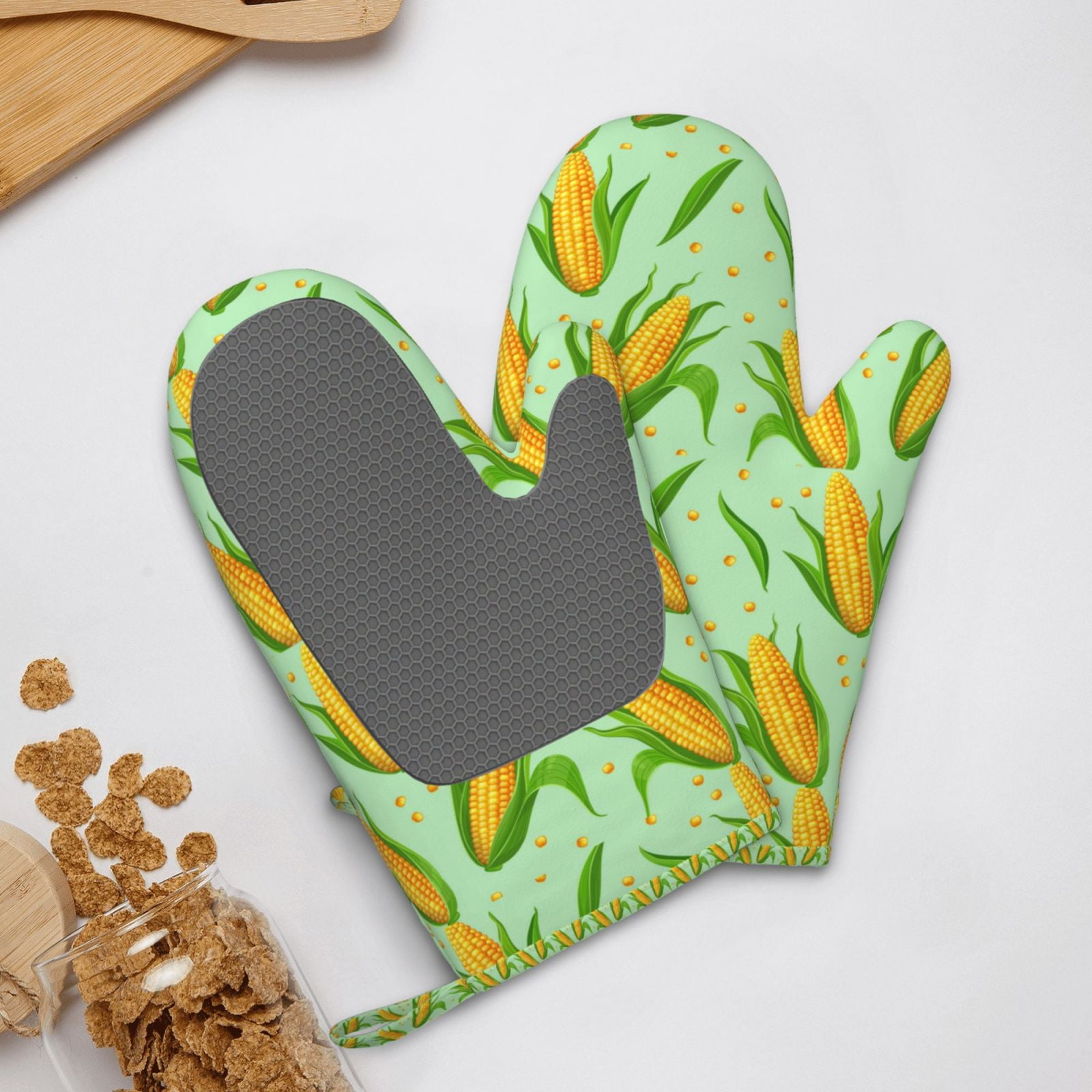 Hirioo Corn 7 for Silicone Oven Mitts for BBQ, Baking, Cooking, Set of 2, Heat Resistant 260℃, Non-Slip Kitchen Essentials